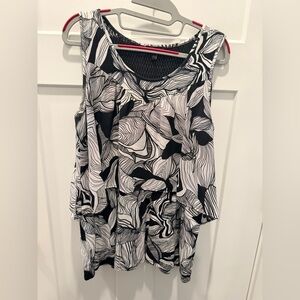 Cupio Black & White Abstract Sleeveless Blouse | Mesh Back | Size L